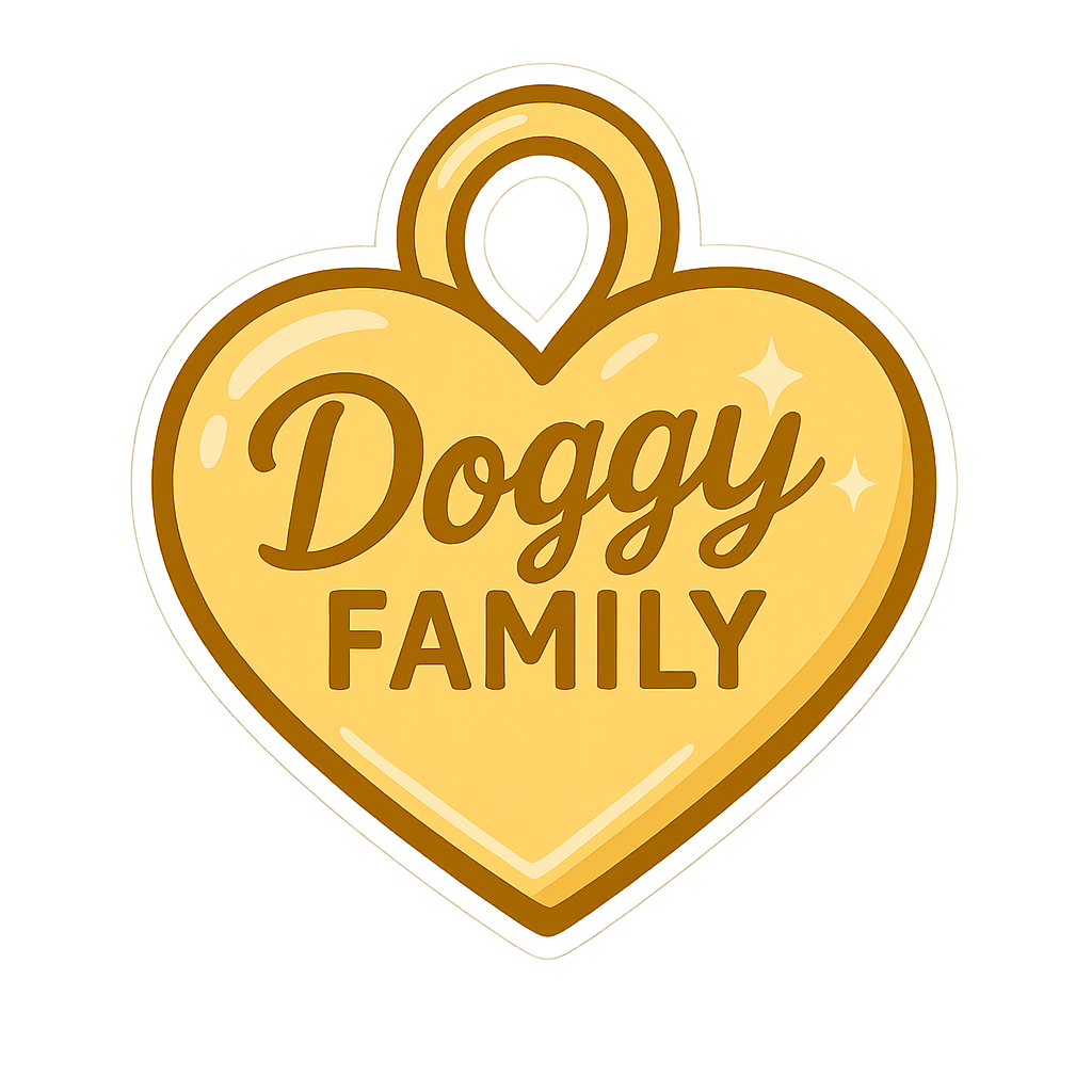 Logo Doggy Family en forme de médaille cœur dorée pour chien – accessoire fun et premium pour amoureux des animaux